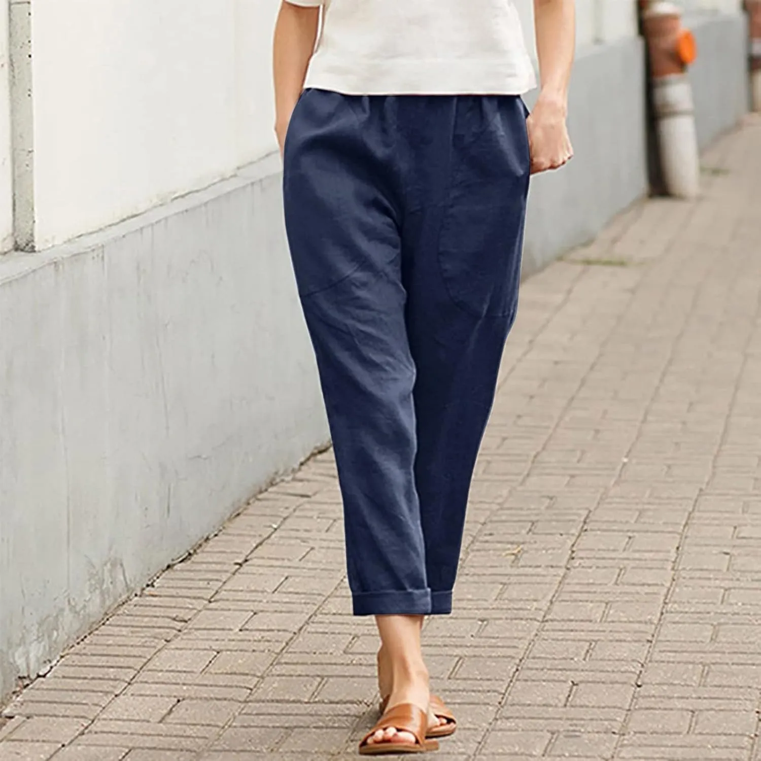 Women Linen Blend Summer Print Pants Elastic Waisted Straight Slim Fit Pant Trousers Work Business