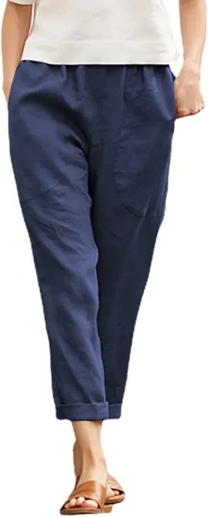 Women Linen Blend Summer Print Pants Elastic Waisted Straight Slim Fit Pant Trousers Work Business