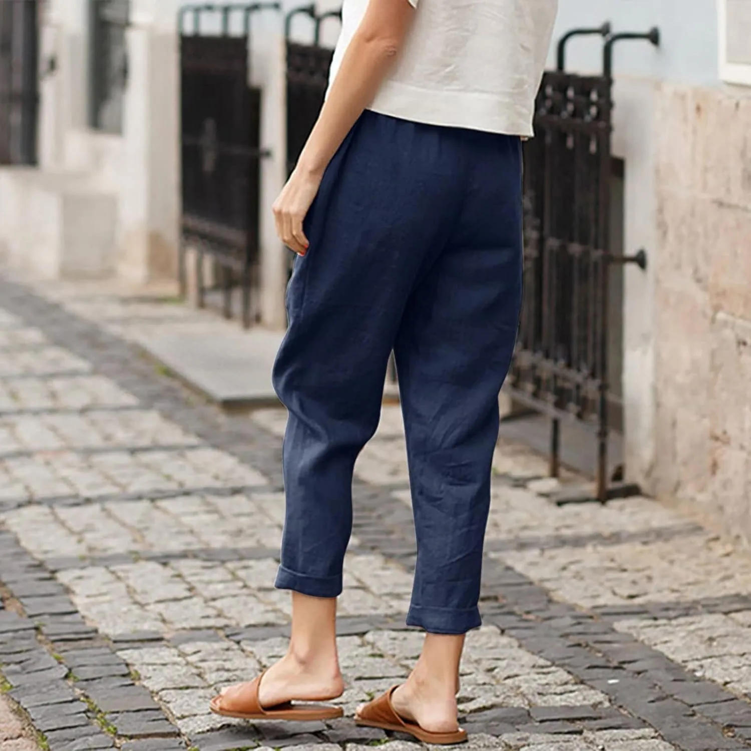 Women Linen Blend Summer Print Pants Elastic Waisted Straight Slim Fit Pant Trousers Work Business