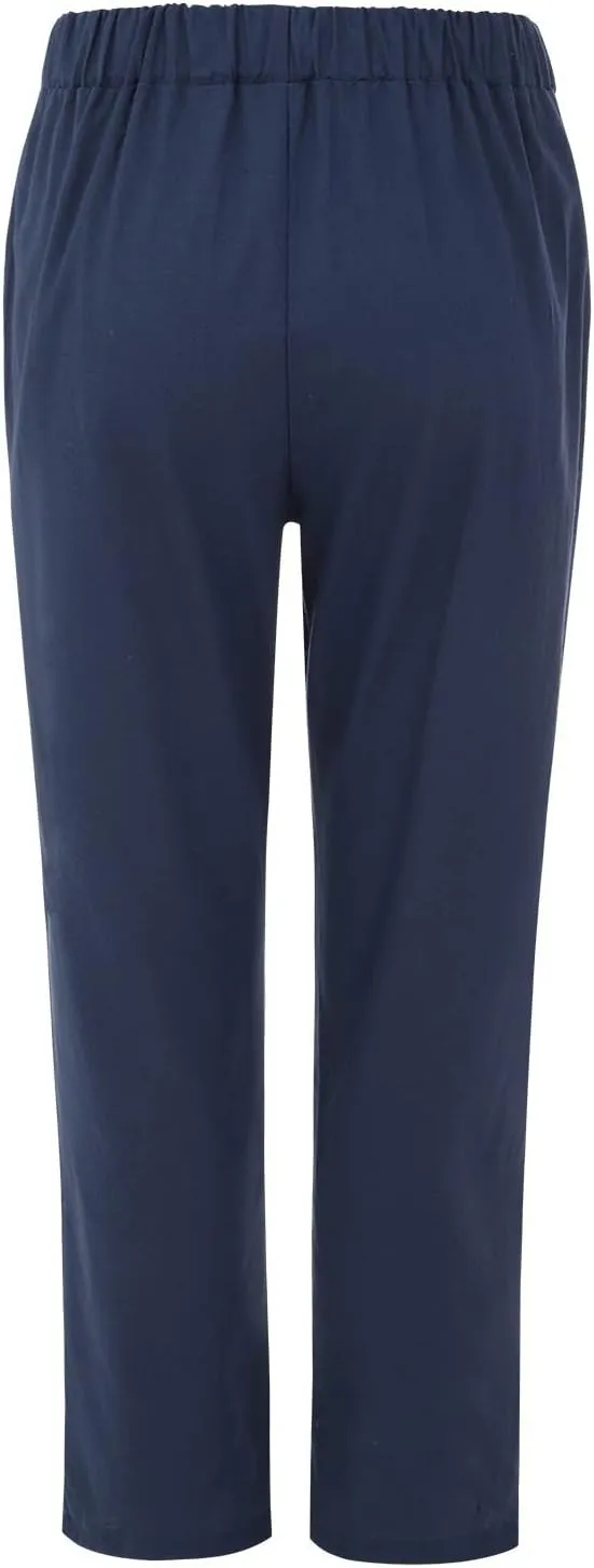 Women Linen Blend Summer Print Pants Elastic Waisted Straight Slim Fit Pant Trousers Work Business