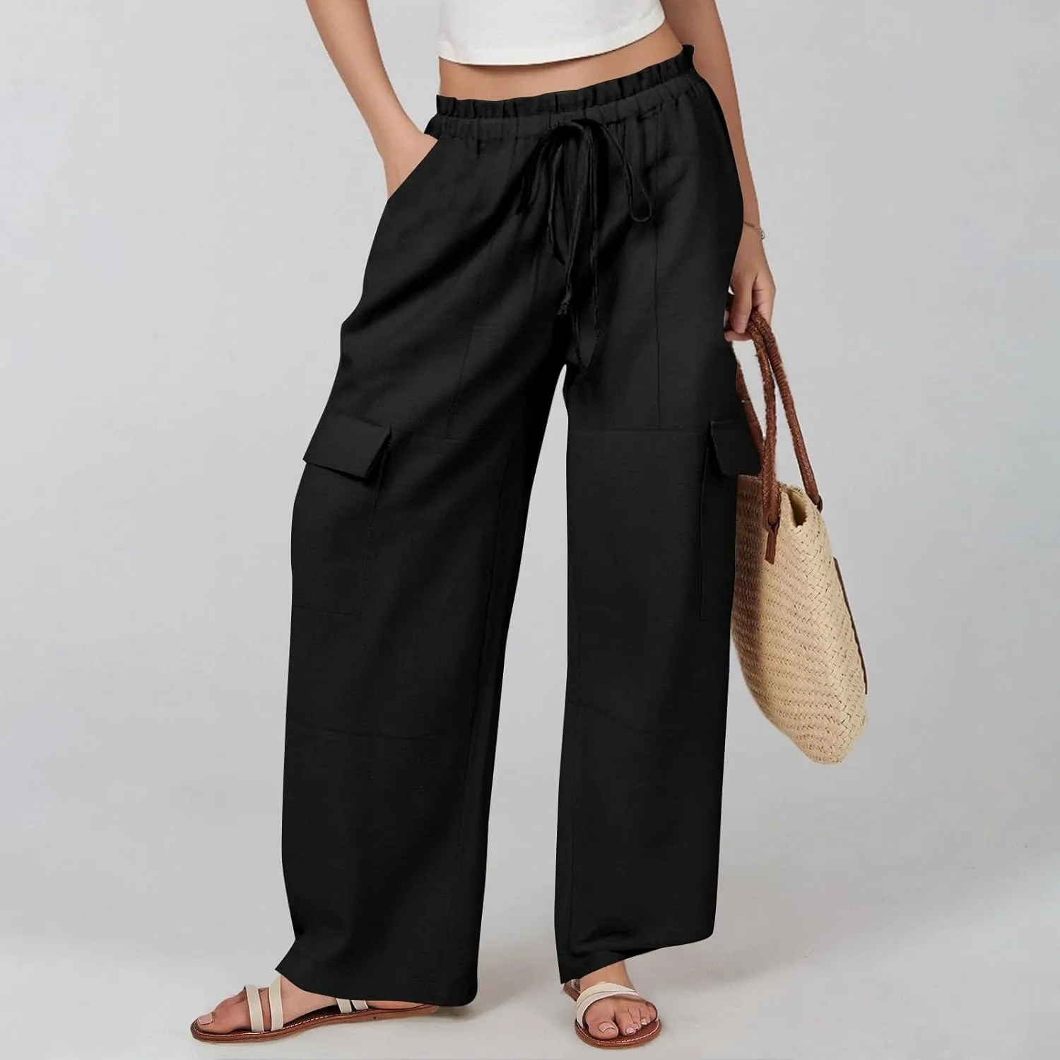 Women Linen Cargo Pants Casual Summer Elastic Waist Palazzo Pants Flowy Beach Trousers with Pockets Vacation Outfits