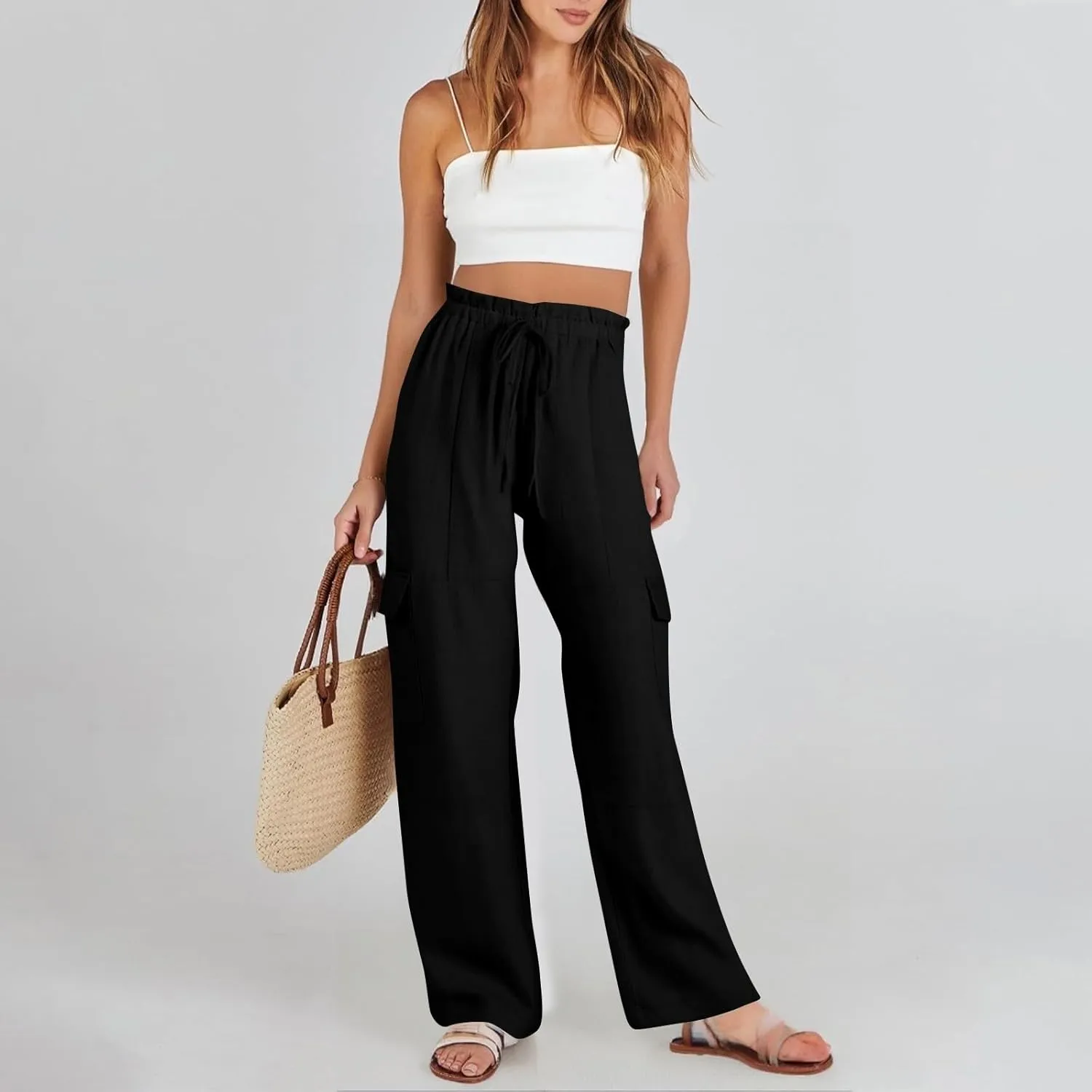 Women Linen Cargo Pants Casual Summer Elastic Waist Palazzo Pants Flowy Beach Trousers with Pockets Vacation Outfits
