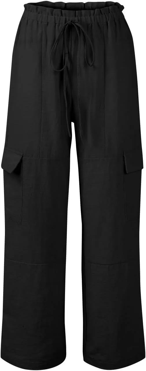 Women Linen Cargo Pants Casual Summer Elastic Waist Palazzo Pants Flowy Beach Trousers with Pockets Vacation Outfits