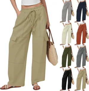 Women Linen Cargo Pants Casual Summer Elastic Waist Palazzo Pants Flowy Beach Trousers with Pockets Vacation Outfits