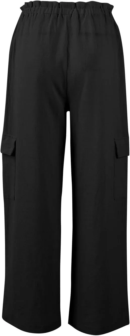 Women Linen Cargo Pants Casual Summer Elastic Waist Palazzo Pants Flowy Beach Trousers with Pockets Vacation Outfits