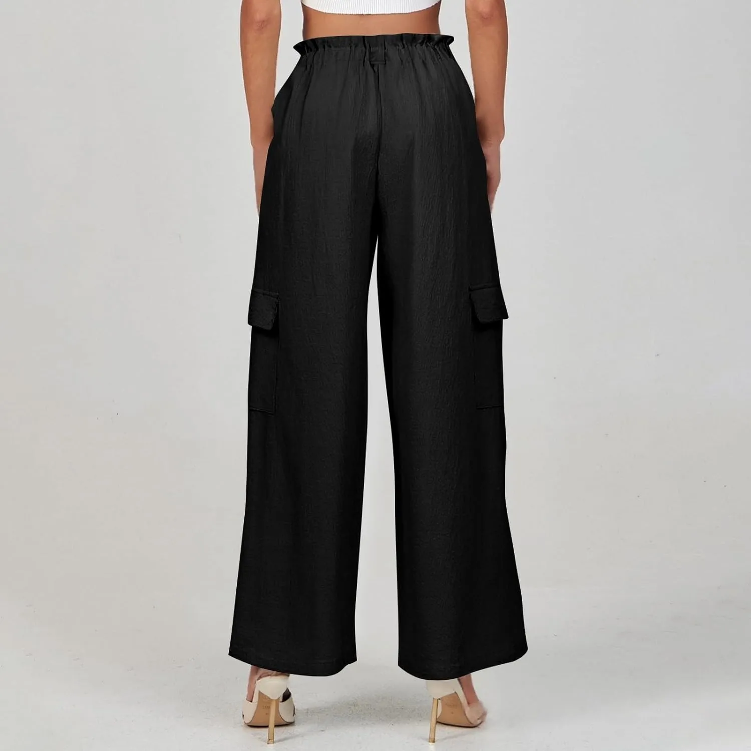 Women Linen Cargo Pants Casual Summer Elastic Waist Palazzo Pants Flowy Beach Trousers with Pockets Vacation Outfits