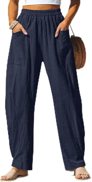Women Linen Palazzo Pants Summer Boho Wide Leg High Waist Drawstring Casual High Waist Lounge Pant Trousers Pockets