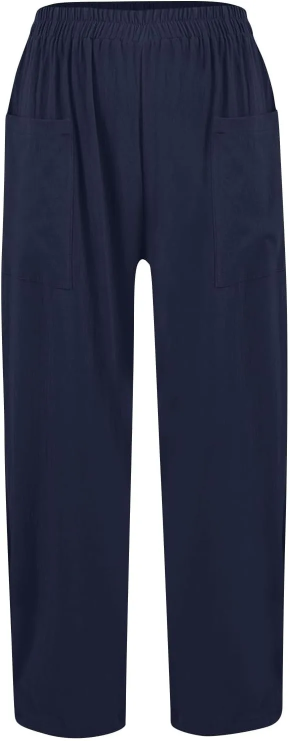 Women Linen Palazzo Pants Summer Boho Wide Leg High Waist Drawstring Casual High Waist Lounge Pant Trousers Pockets