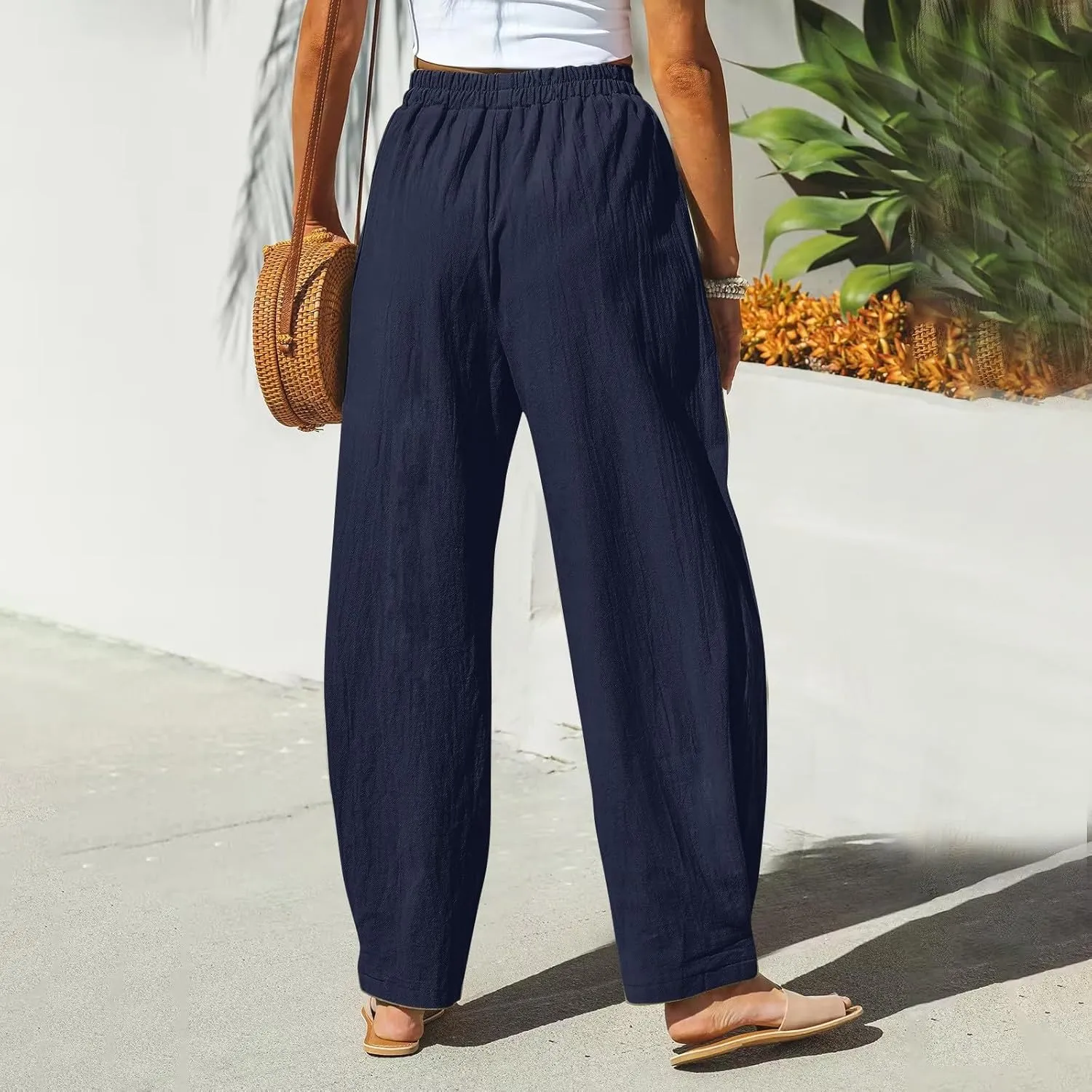 Women Linen Palazzo Pants Summer Boho Wide Leg High Waist Drawstring Casual High Waist Lounge Pant Trousers Pockets
