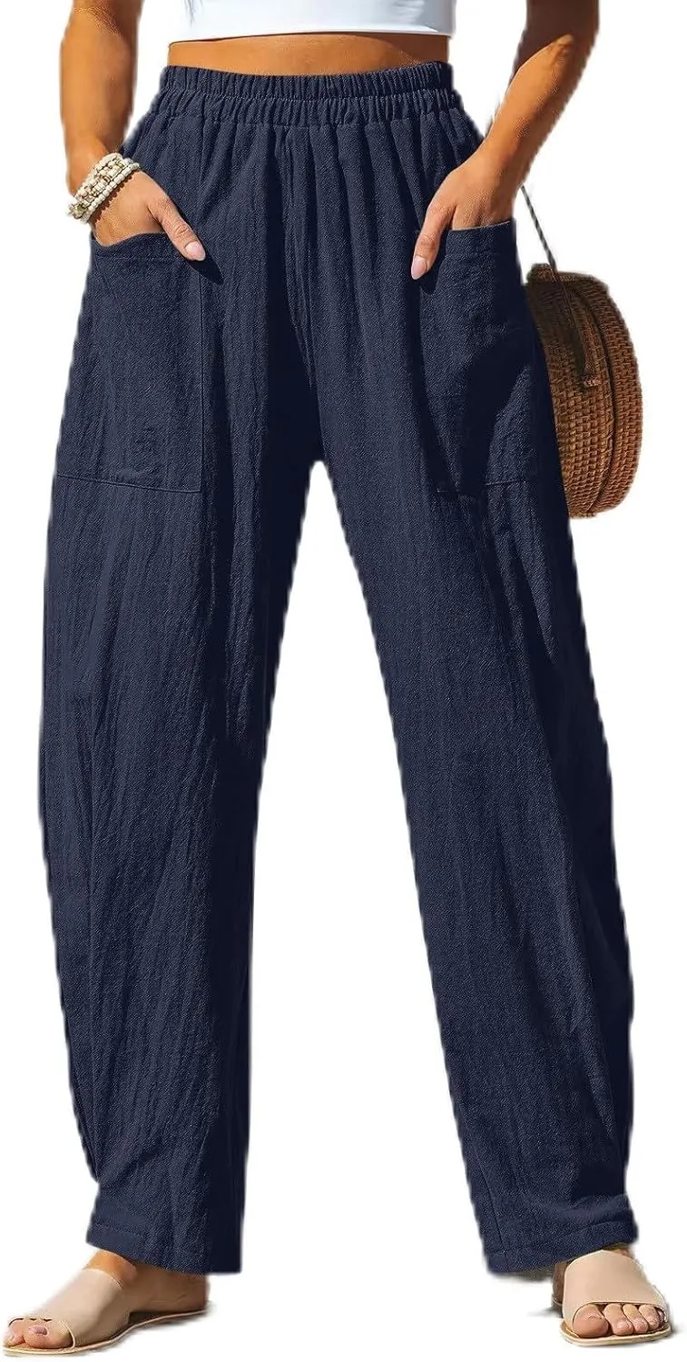 Women Linen Palazzo Pants Summer Boho Wide Leg High Waist Drawstring Casual High Waist Lounge Pant Trousers Pockets