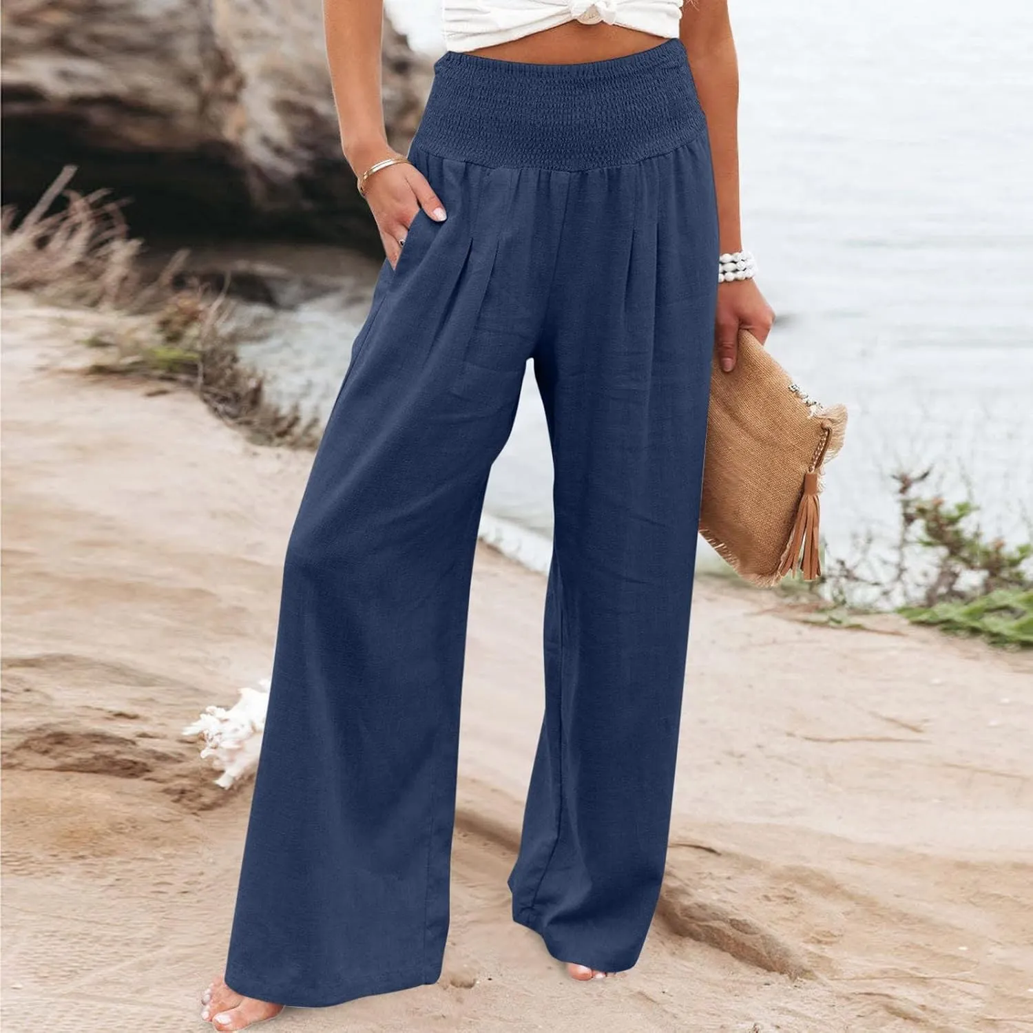 Women Linen Palazzo Pants Wide Leg High Waisted Long Lounge Pant 2025 Summer Beach Vacation Outfits Pockets Trousers