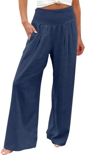 Women Linen Palazzo Pants Wide Leg High Waisted Long Lounge Pant 2025 Summer Beach Vacation Outfits Pockets Trousers
