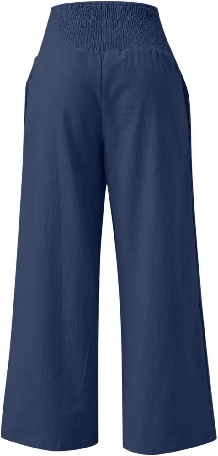 Women Linen Palazzo Pants Wide Leg High Waisted Long Lounge Pant 2025 Summer Beach Vacation Outfits Pockets Trousers