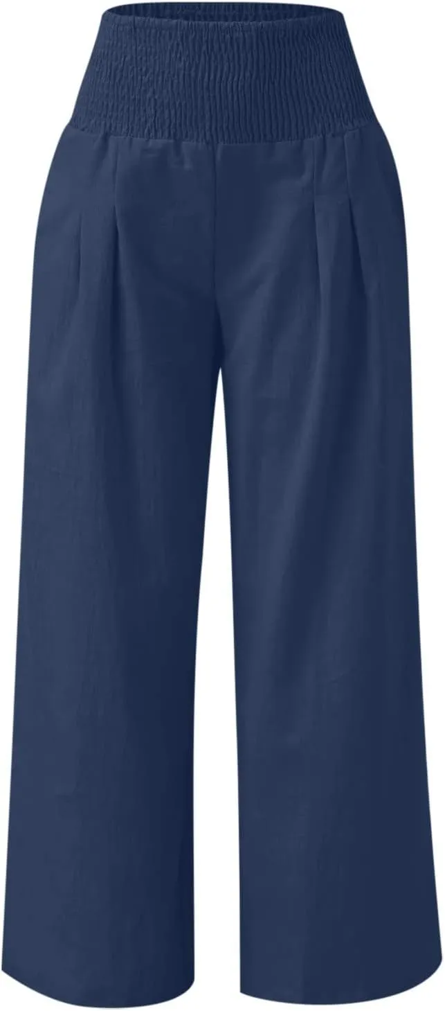 Women Linen Palazzo Pants Wide Leg High Waisted Long Lounge Pant 2025 Summer Beach Vacation Outfits Pockets Trousers