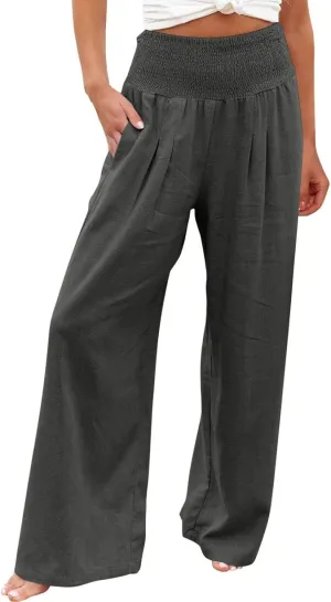 Women Linen Palazzo Pants Wide Leg High Waisted Long Lounge Pant 2025 Summer Beach Vacation Outfits Pockets Trousers