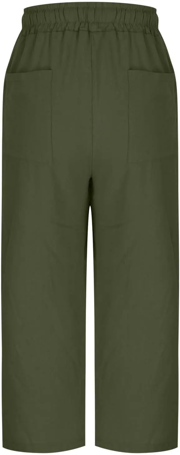 Women Linen Pants 2025 Summer Casual Loose Wide Leg Palazzo Pants Pockets Smocked High Waist Trousers Capris