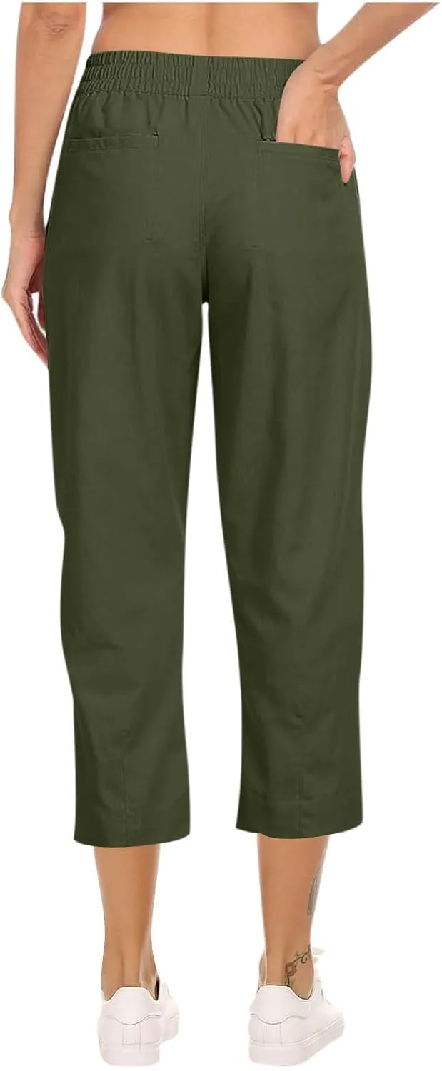 Women Linen Pants 2025 Summer Casual Loose Wide Leg Palazzo Pants Pockets Smocked High Waist Trousers Capris