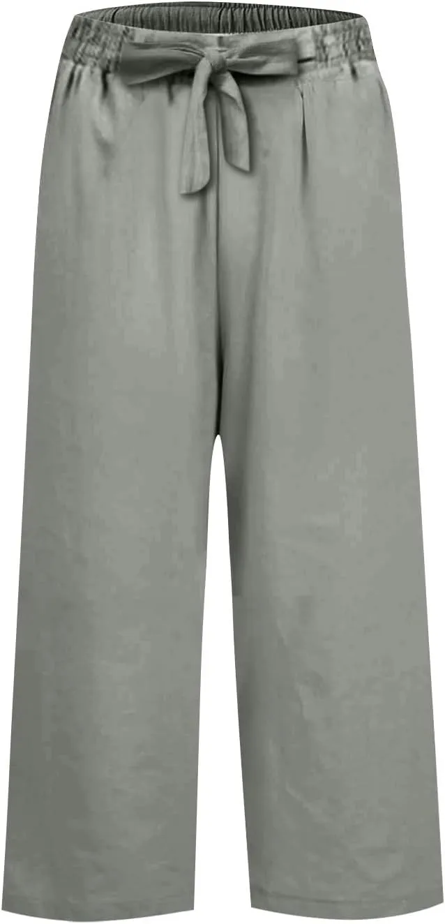 Women Linen Pants Beach Plus Size Blend Drawstring Pant Relaxed Fit Wide Leg Pants Casual Gauze Pant with Pockets