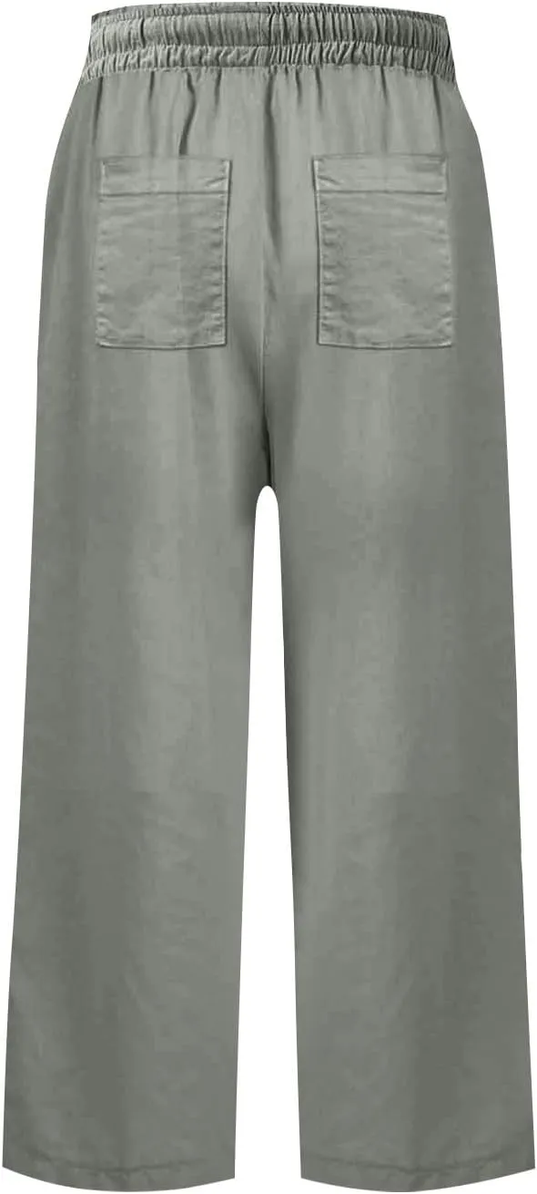 Women Linen Pants Beach Plus Size Blend Drawstring Pant Relaxed Fit Wide Leg Pants Casual Gauze Pant with Pockets