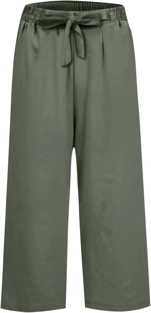 Women Linen Pants Beach Plus Size Blend Drawstring Pant Relaxed Fit Wide Leg Pants Casual Gauze Pant with Pockets