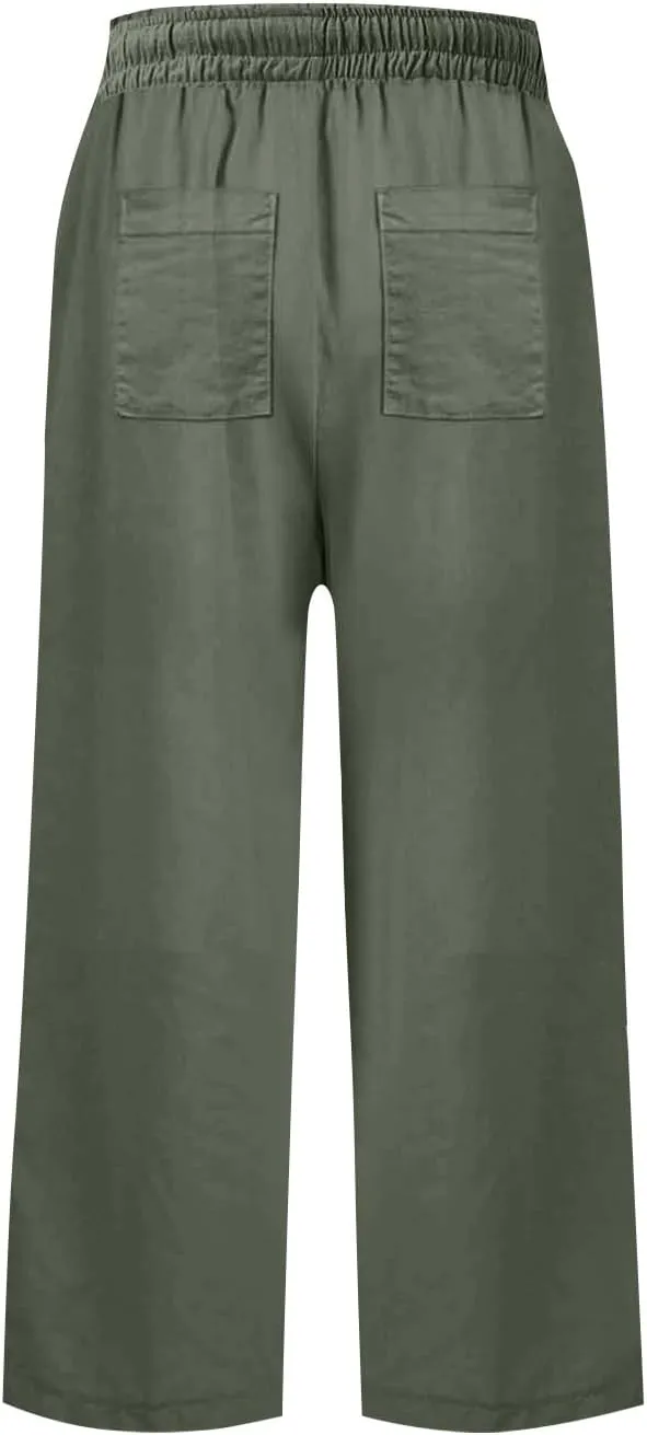 Women Linen Pants Beach Plus Size Blend Drawstring Pant Relaxed Fit Wide Leg Pants Casual Gauze Pant with Pockets