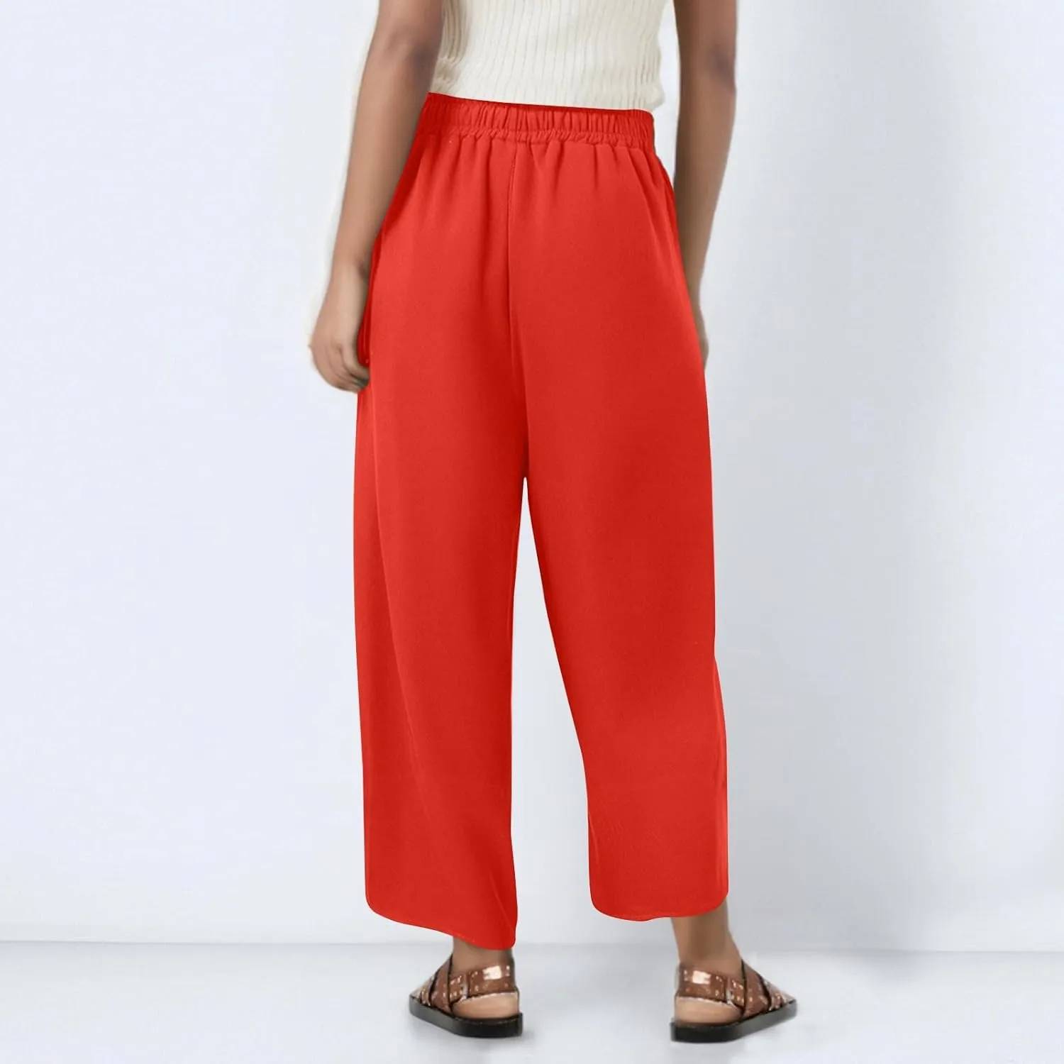 Women Linen Pants Cropped Pants Wide Leg High Waisted Palazzo Pants Summer Flowy Beach Lounge Casual Trousers with Pockets