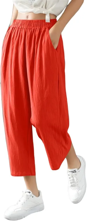 Women Linen Pants Cropped Pants Wide Leg High Waisted Palazzo Pants Summer Flowy Beach Lounge Casual Trousers with Pockets
