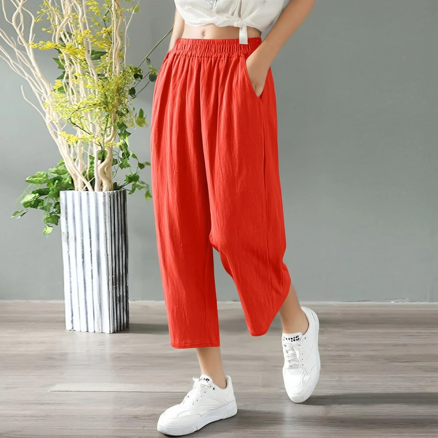 Women Linen Pants Cropped Pants Wide Leg High Waisted Palazzo Pants Summer Flowy Beach Lounge Casual Trousers with Pockets