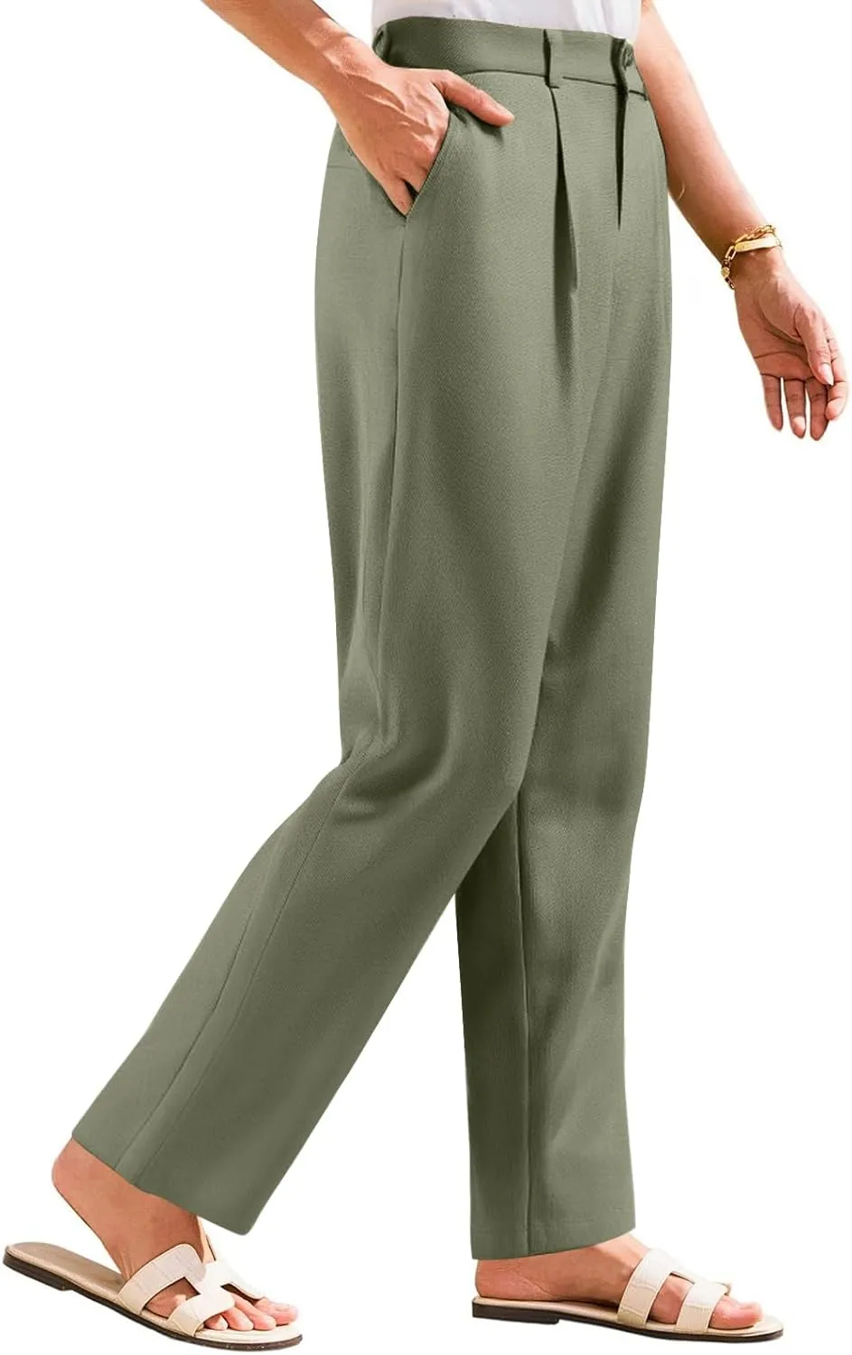 Women Linen Pants Summer Wide Leg Dress Pants High Waisted Button Down Work Pant Boho Palazzo Pant with Pockets