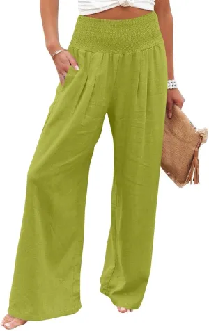 Women Linen Pants Wide Leg Pant Summer Smocked High Waisted Palazzo Pants Holiday Trouser Lounge Pant with Pockets