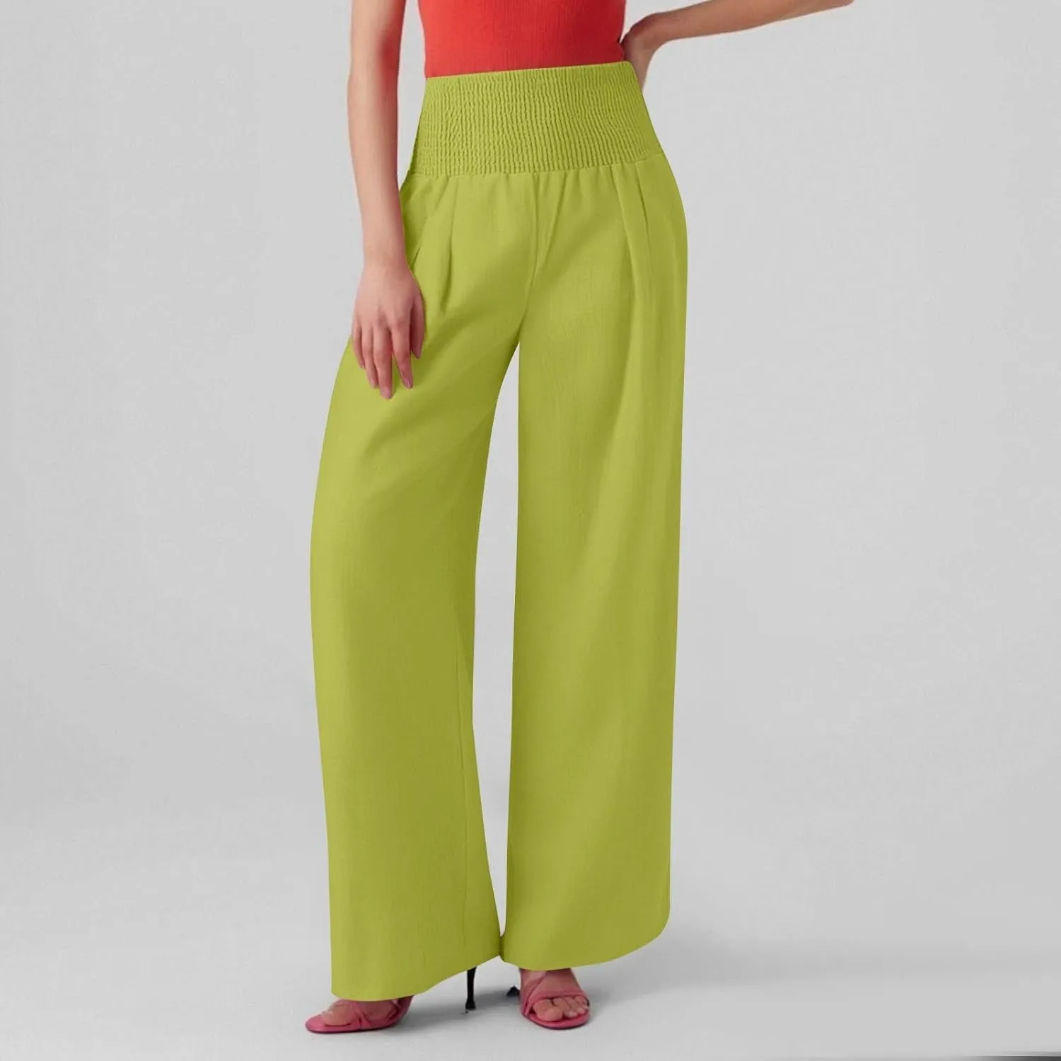 Women Linen Pants Wide Leg Pant Summer Smocked High Waisted Palazzo Pants Holiday Trouser Lounge Pant with Pockets