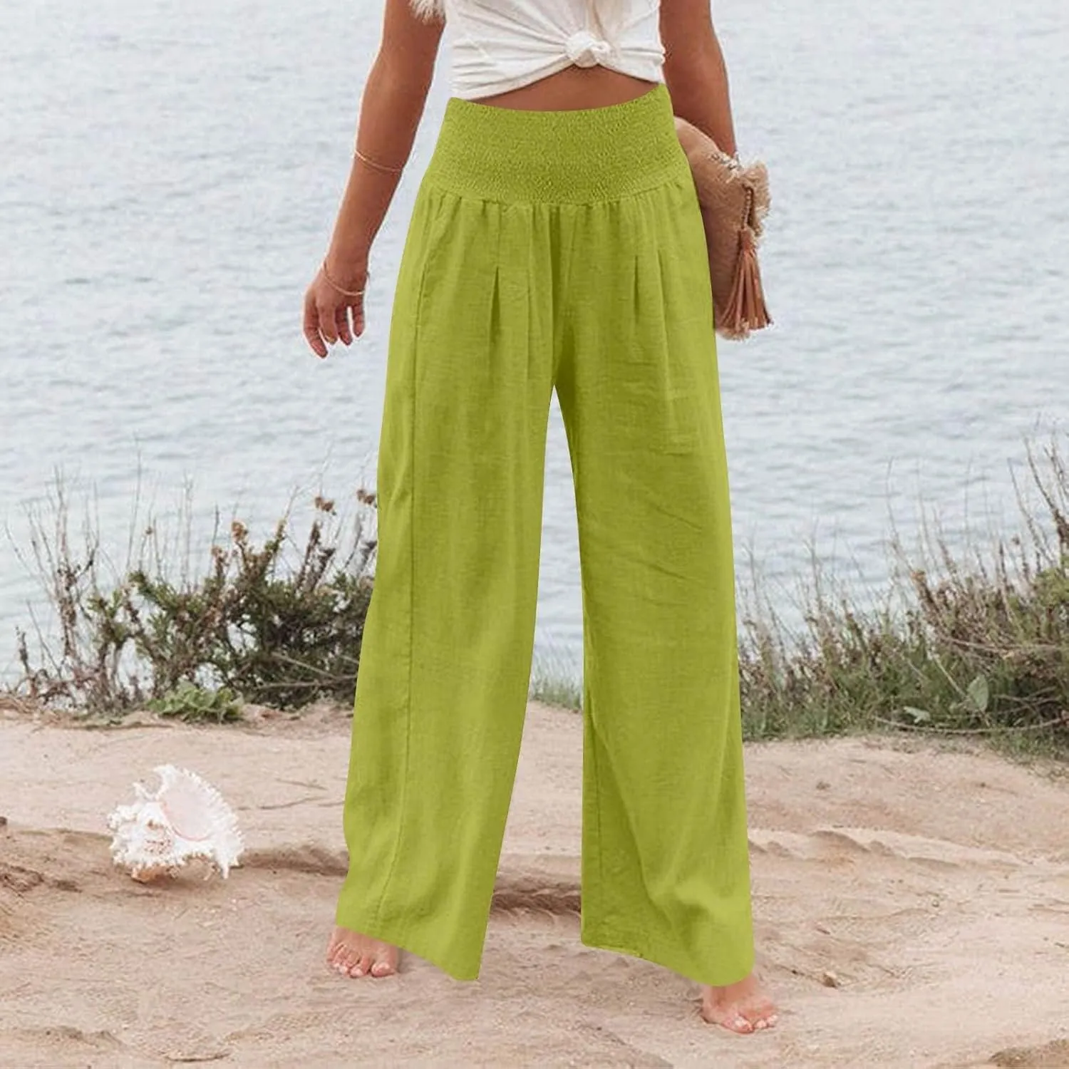 Women Linen Pants Wide Leg Pant Summer Smocked High Waisted Palazzo Pants Holiday Trouser Lounge Pant with Pockets