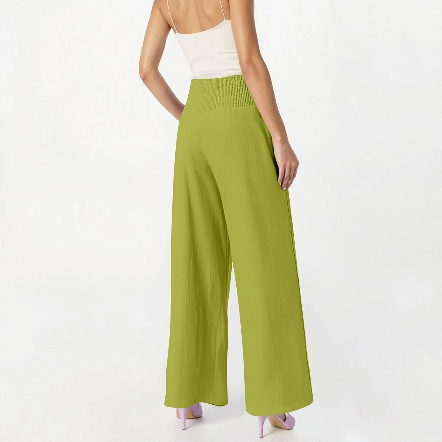 Women Linen Pants Wide Leg Pant Summer Smocked High Waisted Palazzo Pants Holiday Trouser Lounge Pant with Pockets