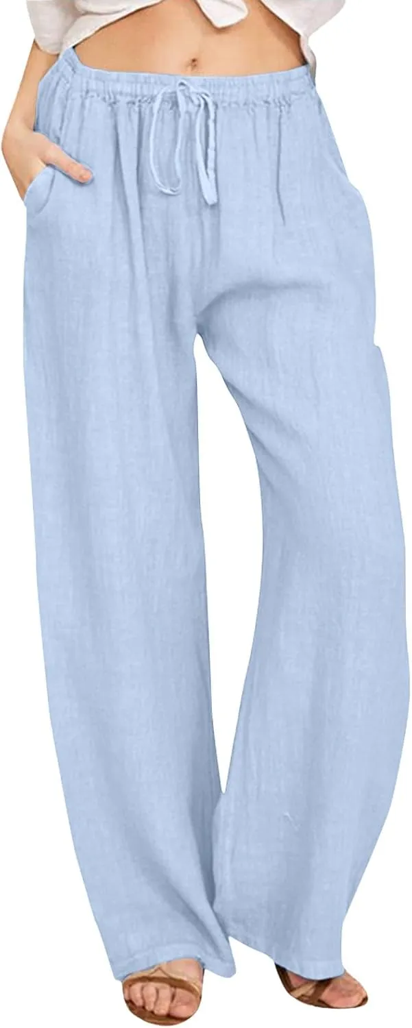 Women Linen Pants Wide Leg Pants High Waist Drawstring Casual Palazzo Loose Beach Pant Comfy Summer Trousers