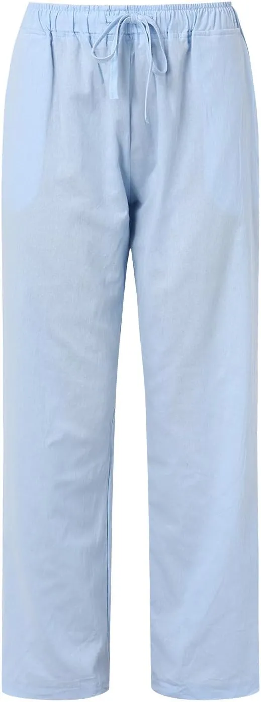 Women Linen Pants Wide Leg Pants High Waist Drawstring Casual Palazzo Loose Beach Pant Comfy Summer Trousers