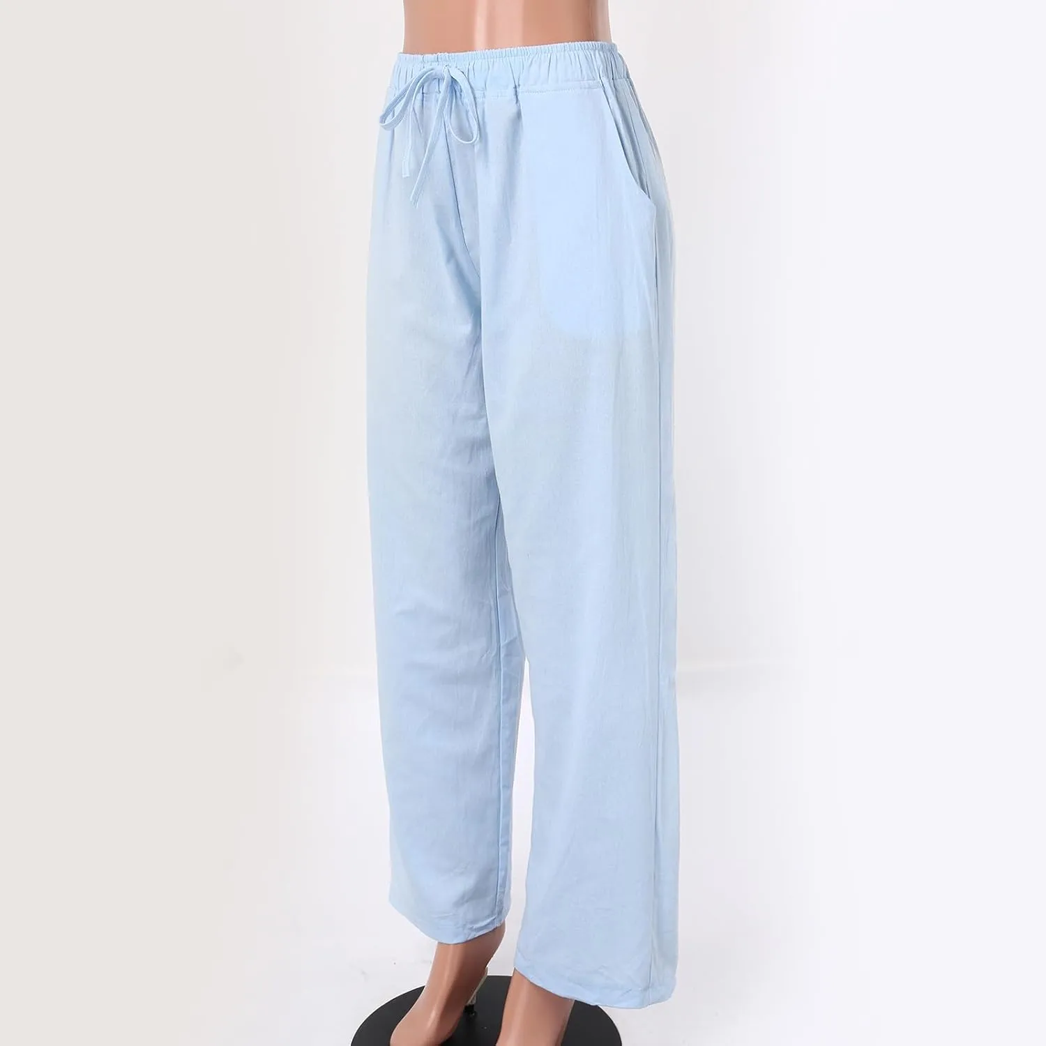 Women Linen Pants Wide Leg Pants High Waist Drawstring Casual Palazzo Loose Beach Pant Comfy Summer Trousers