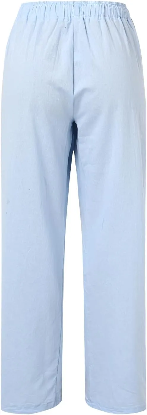 Women Linen Pants Wide Leg Pants High Waist Drawstring Casual Palazzo Loose Beach Pant Comfy Summer Trousers
