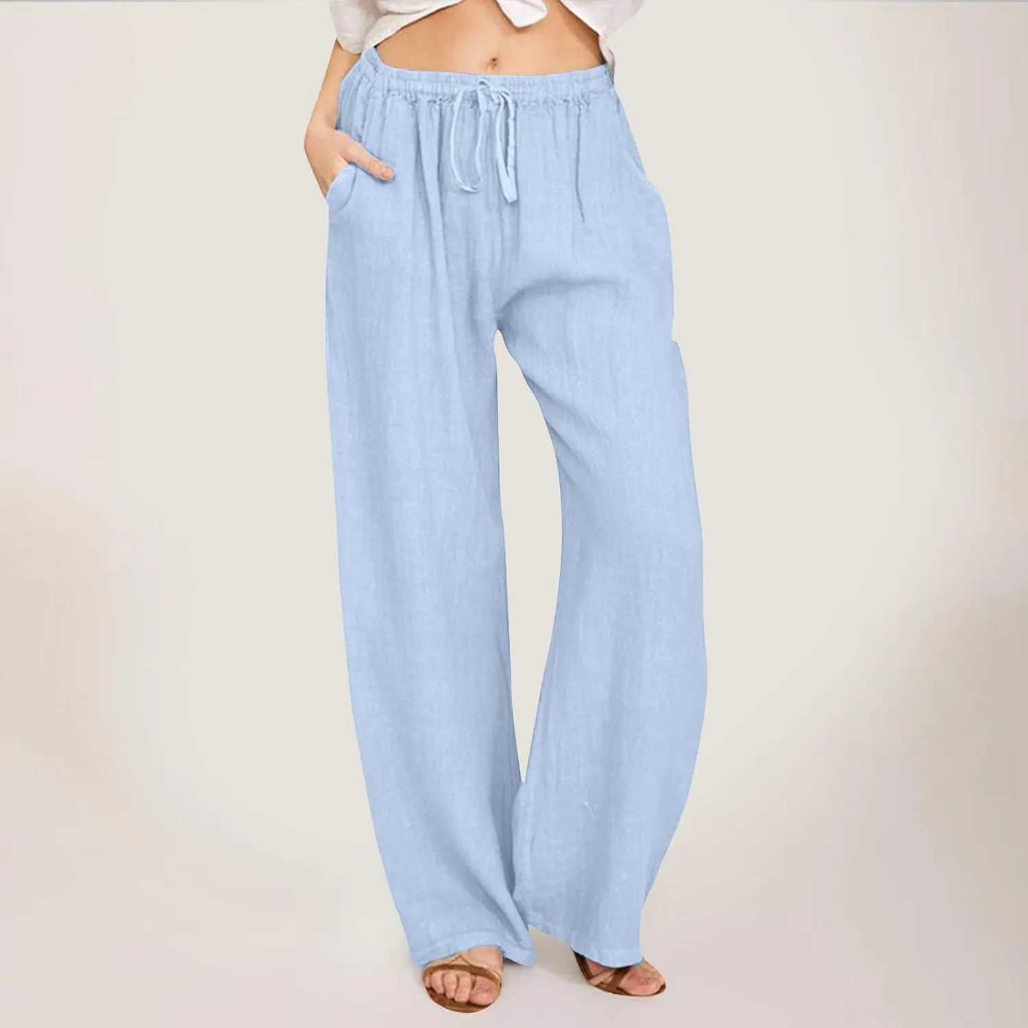 Women Linen Pants Wide Leg Pants High Waist Drawstring Casual Palazzo Loose Beach Pant Comfy Summer Trousers