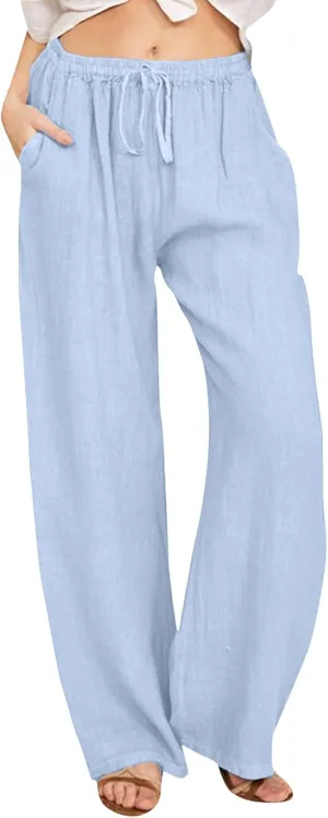 Women Linen Pants Wide Leg Pants High Waist Drawstring Casual Palazzo Loose Beach Pant Comfy Summer Trousers