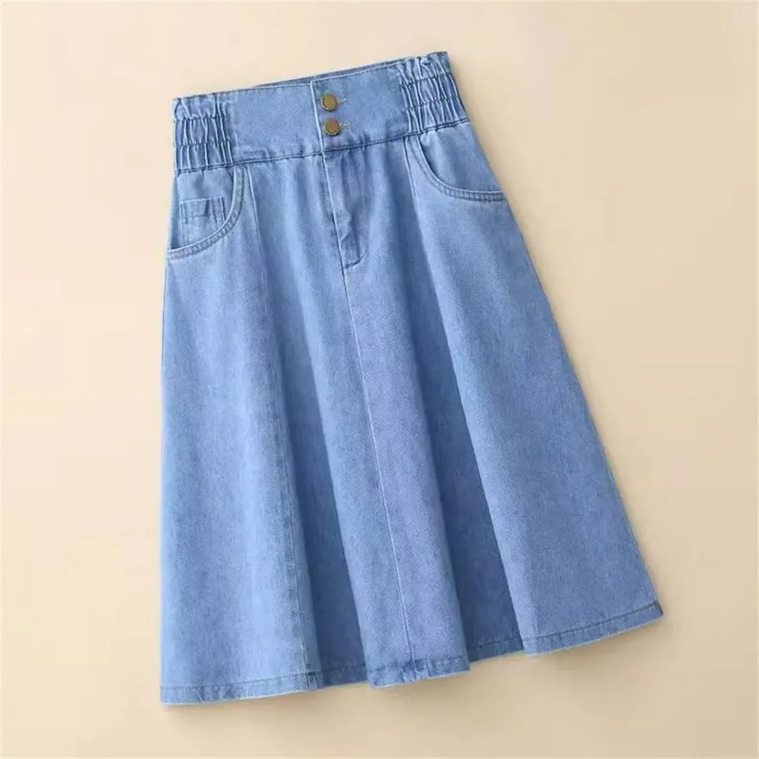Women Mini Denim Skirts Spring Summer High-Waisted A-Line Jeans Skirt Korean Loose Mid-Length Umbrella Skirt