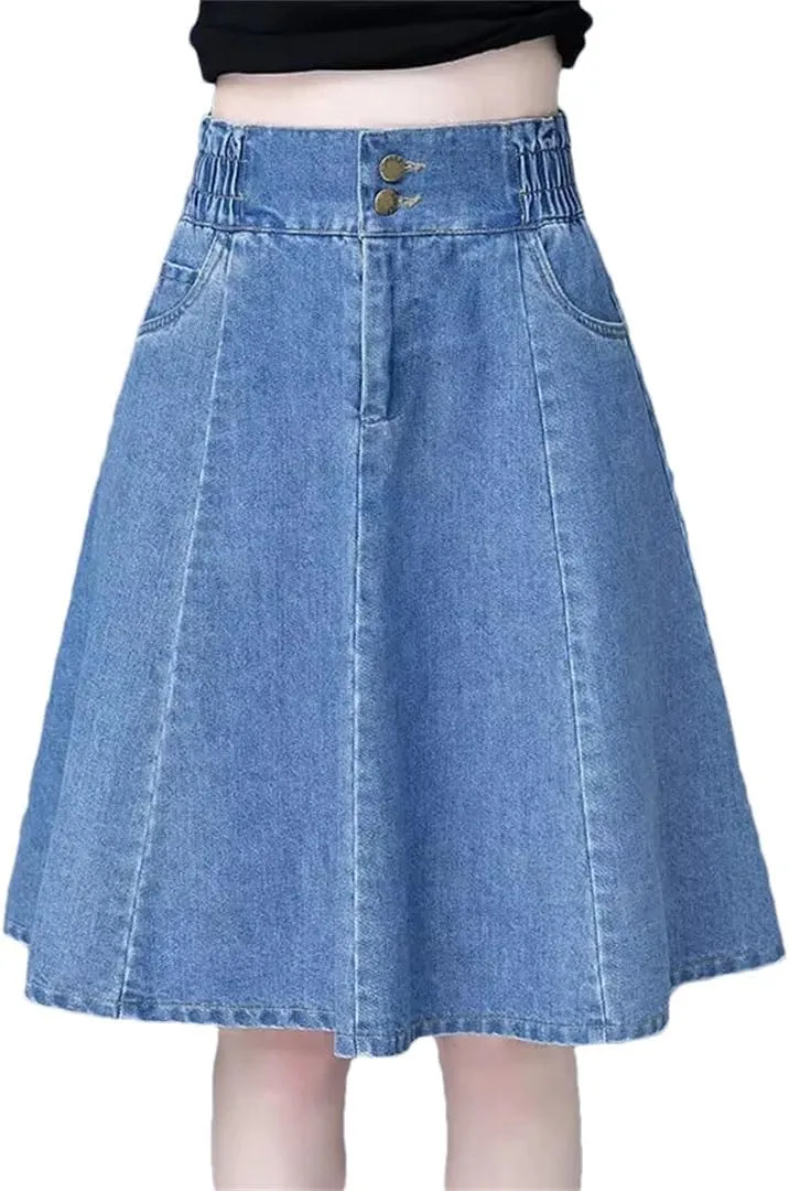 Women Mini Denim Skirts Spring Summer High-Waisted A-Line Jeans Skirt Korean Loose Mid-Length Umbrella Skirt