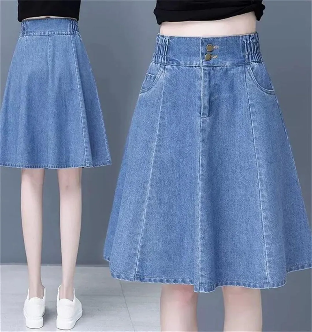 Women Mini Denim Skirts Spring Summer High-Waisted A-Line Jeans Skirt Korean Loose Mid-Length Umbrella Skirt