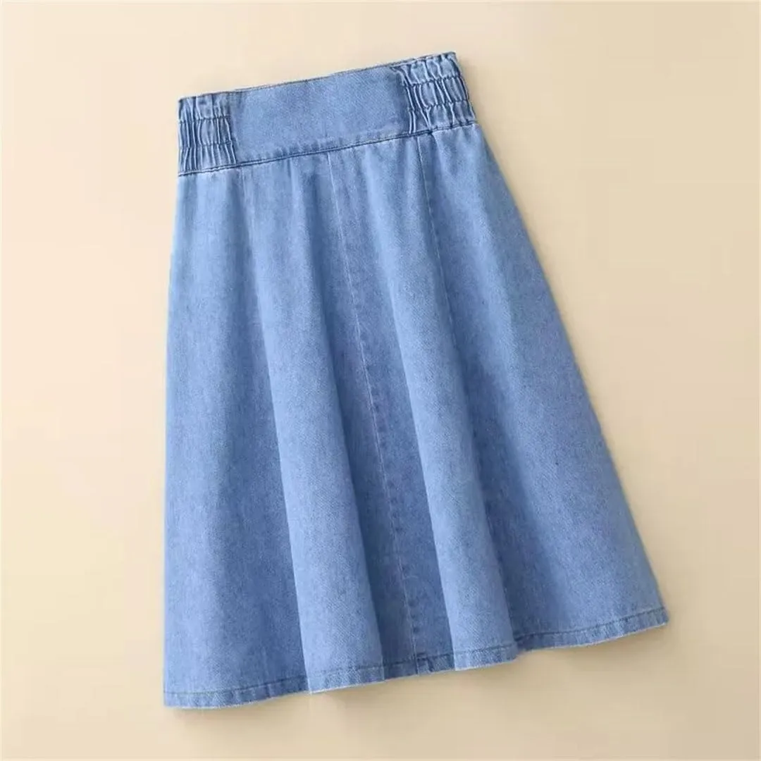 Women Mini Denim Skirts Spring Summer High-Waisted A-Line Jeans Skirt Korean Loose Mid-Length Umbrella Skirt