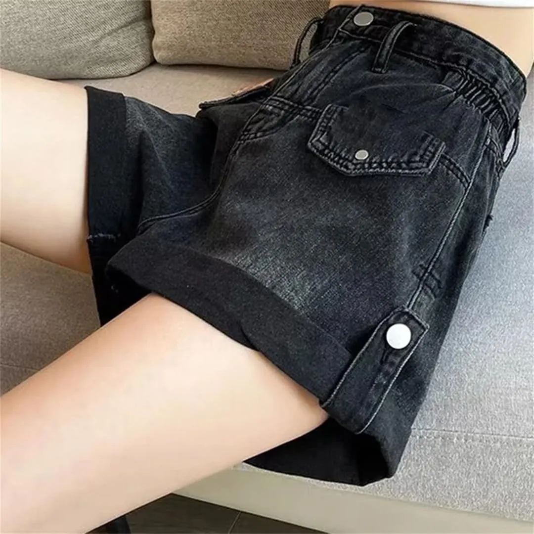 Women Pants High Waisted Loose High Street Denim Pants Female Streetwear Wide Leg Short Jeans
