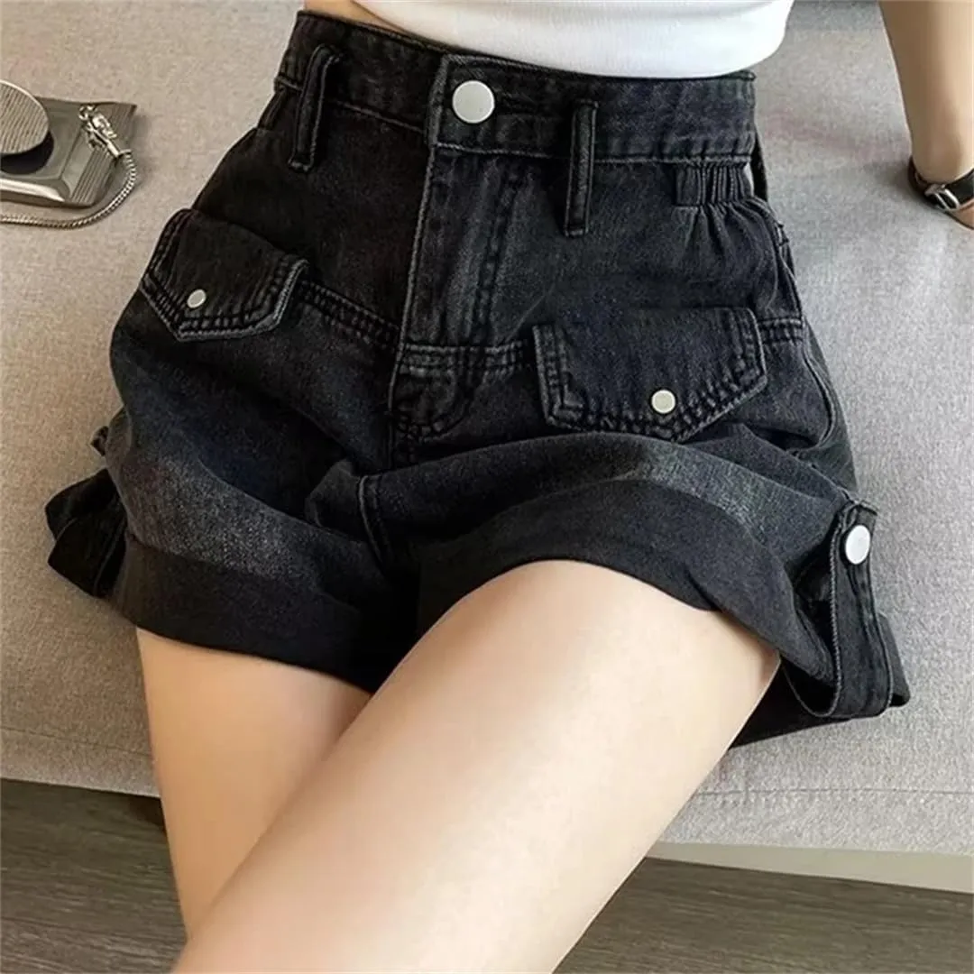 Women Pants High Waisted Loose High Street Denim Pants Female Streetwear Wide Leg Short Jeans