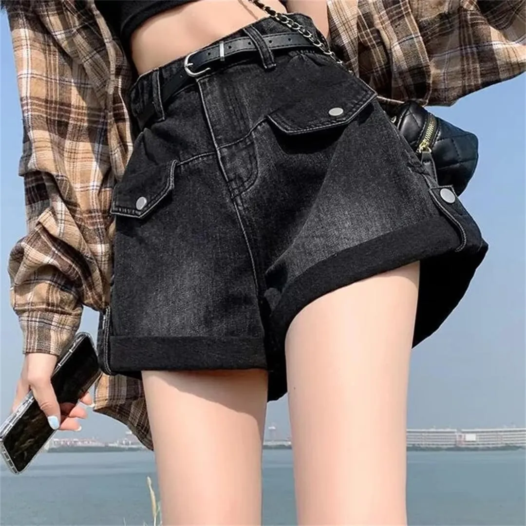Women Pants High Waisted Loose High Street Denim Pants Female Streetwear Wide Leg Short Jeans