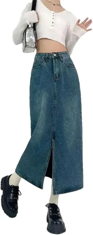Women Slit A-Line Denim Skirt for Spring High-Waisted Jeans Skirt Light Blue Casual Vintage Clothing Skirt