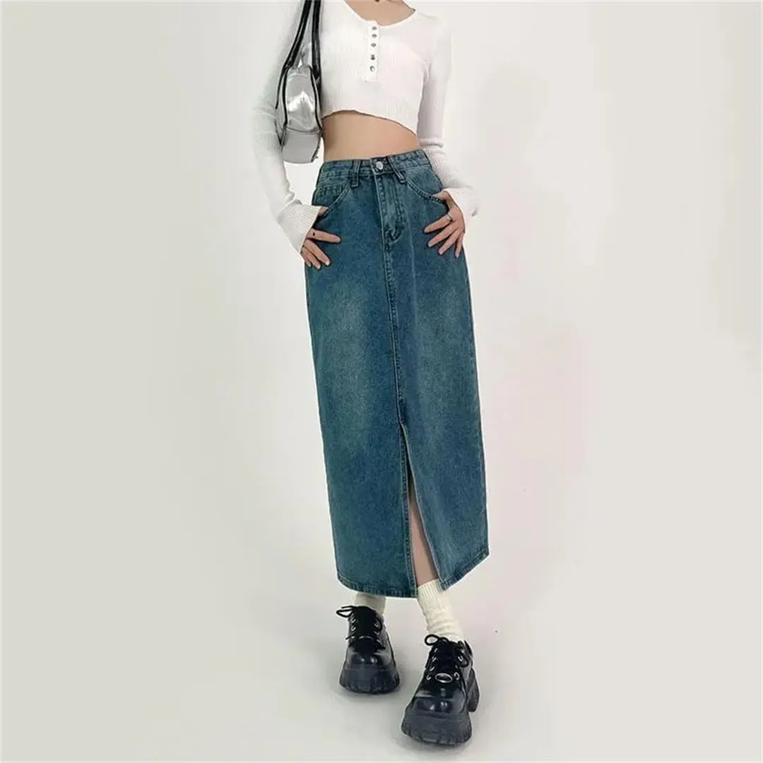 Women Slit A-Line Denim Skirt for Spring High-Waisted Jeans Skirt Light Blue Casual Vintage Clothing Skirt