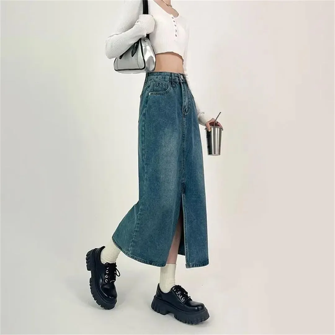 Women Slit A-Line Denim Skirt for Spring High-Waisted Jeans Skirt Light Blue Casual Vintage Clothing Skirt