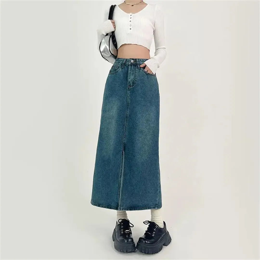 Women Slit A-Line Denim Skirt for Spring High-Waisted Jeans Skirt Light Blue Casual Vintage Clothing Skirt